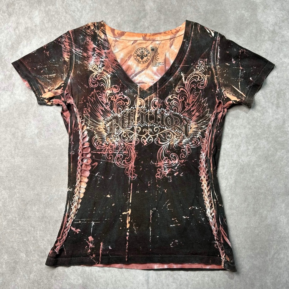 Affliction Live Fast Womens Medium V-Neck Graphic T-Shirt Rhinestone Braided Y2K